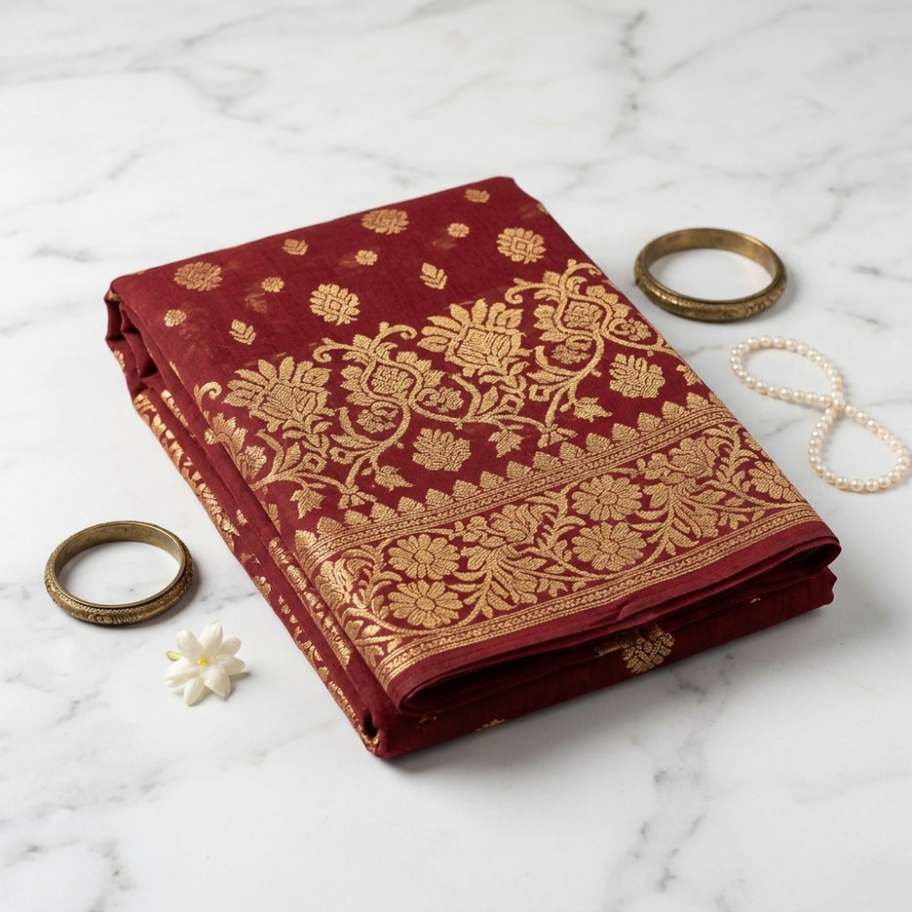 Aarong Handwoven Dhakai Jamdani Saree (Maroon & Zari)