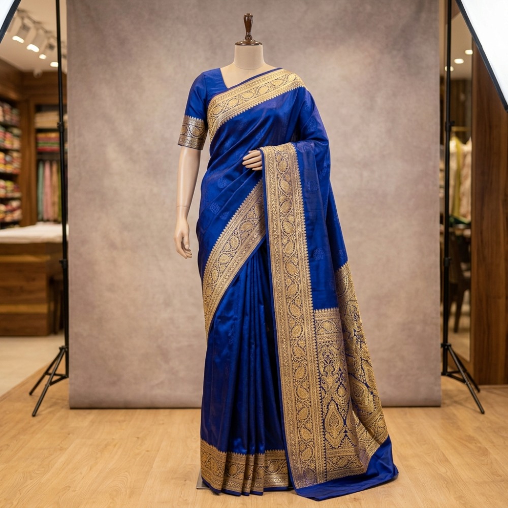 Rajshahi Pure Silk Royal Blue Saree with Antique Gold Border