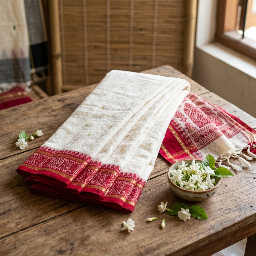 Tangail Traditional Handloom Cotton Saree (Ivory & Crimson)