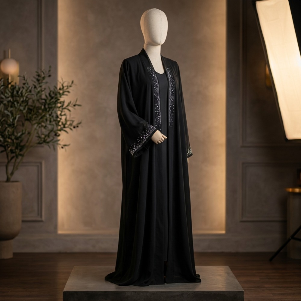 Dubai Cherry Georgette Open Abaya with Crystal Stone Work