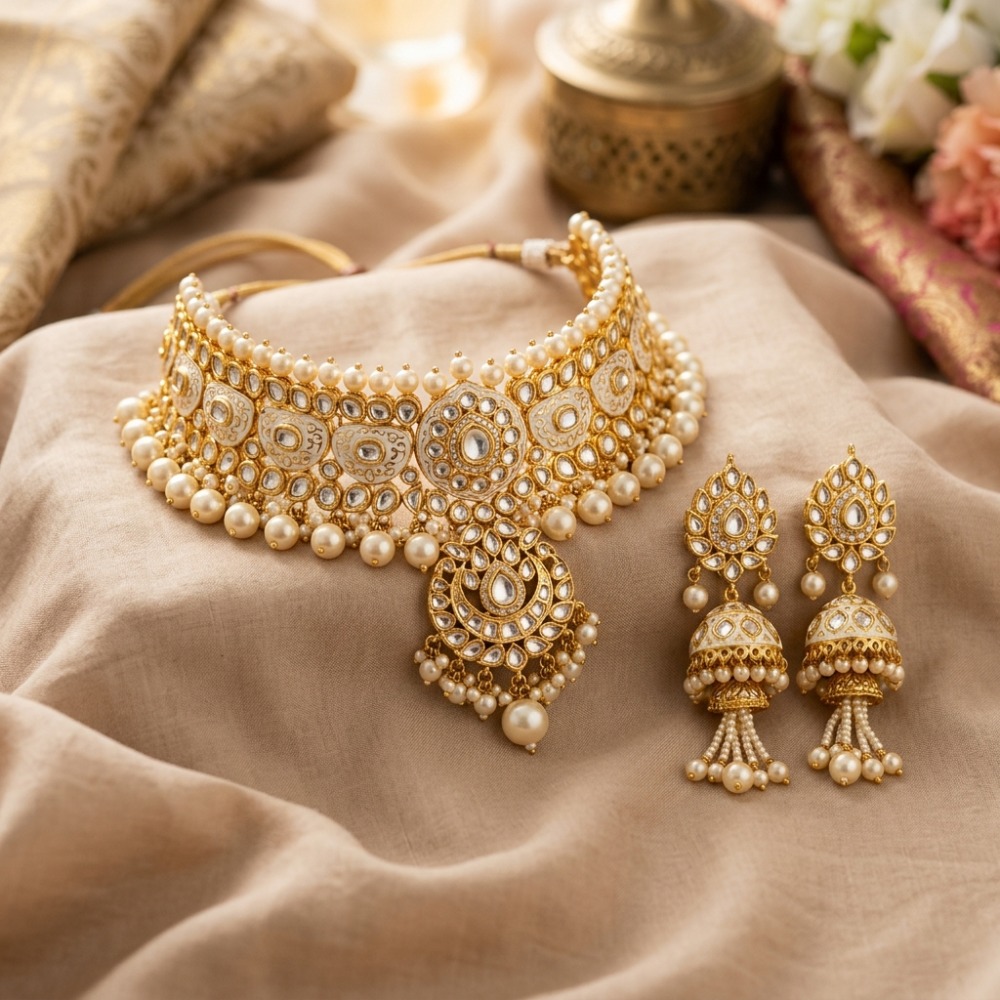 Gold-Plated Kundan & Pearl Bridal Choker Set with Matching Jhumkas