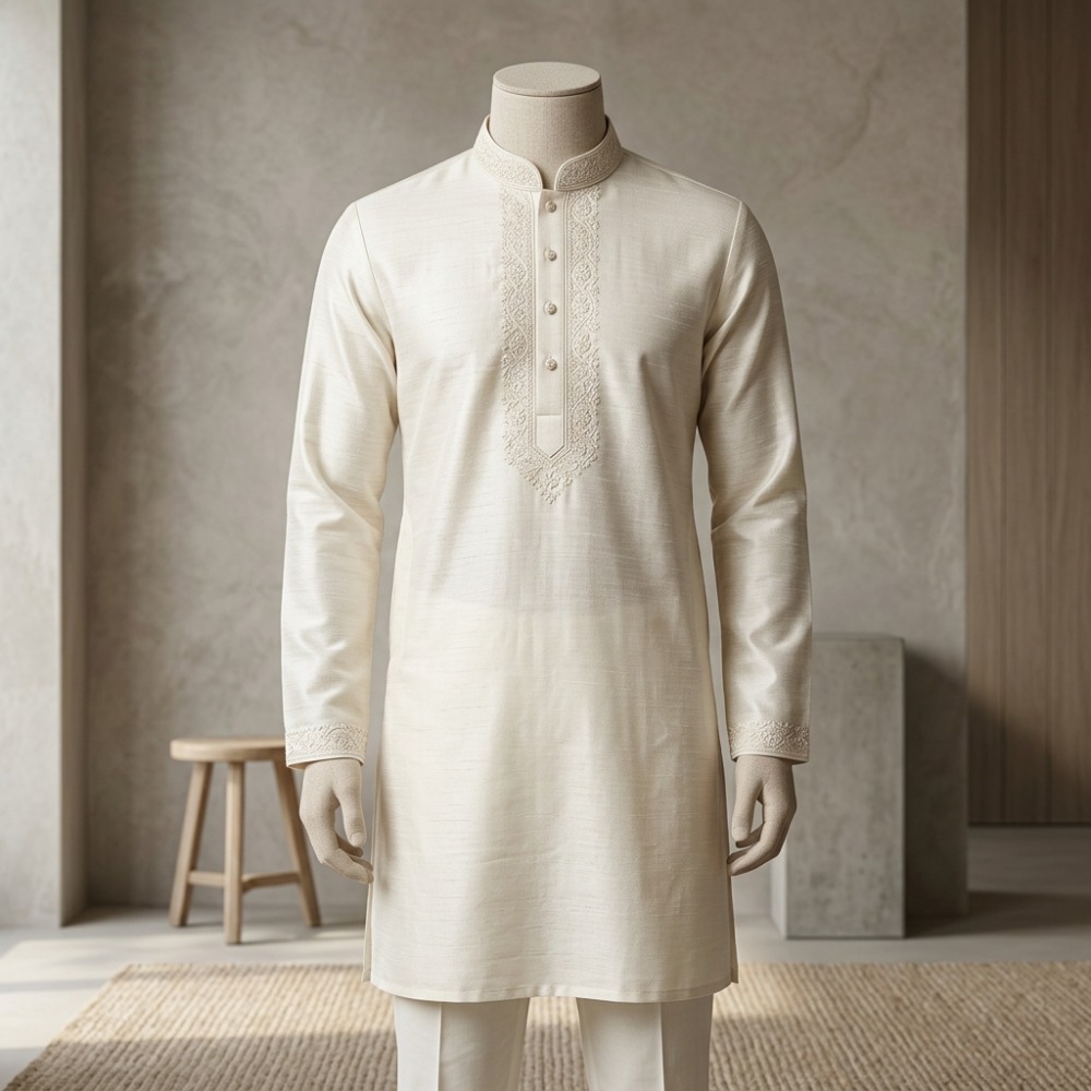 Aarong Semi-Fitted Embroidered Silk-Cotton Panjabi (Ivory White)